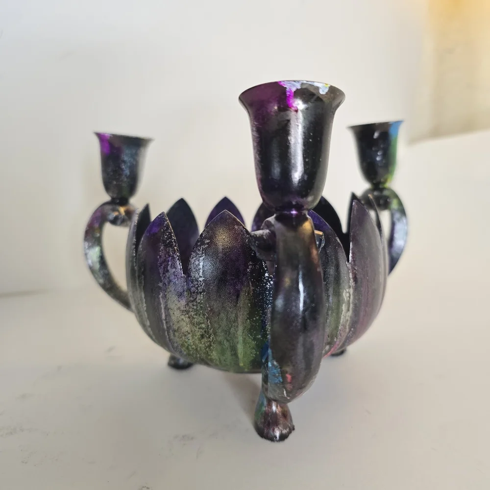 HANDCRAFTED Upcycled 3 Candlestick Holder HANDPAINTED Tabletop Candle Decor